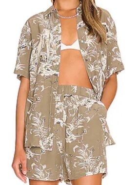 Anine Bing Khaki and White Botanical Short-Sleeve Shirt